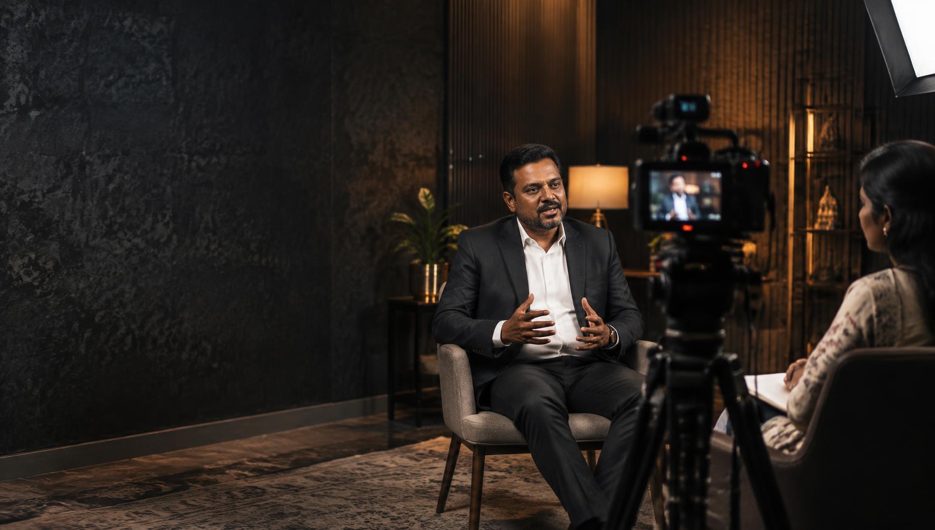 Illustrative professional business interview in an Indian production studio